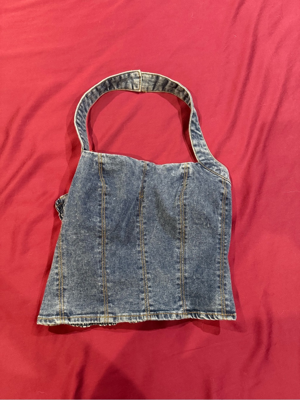 Denim Panel Halter Top in Blue
